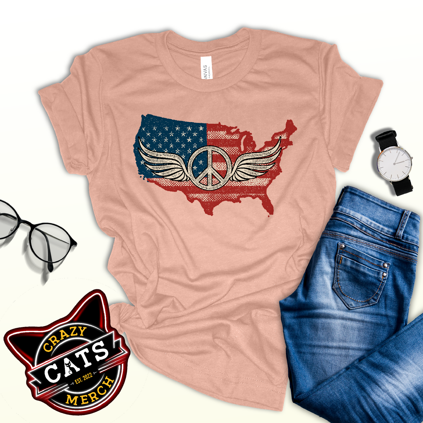 America Patriotic Peace Sign Symbol USA Flag Unisex Light t-shirt