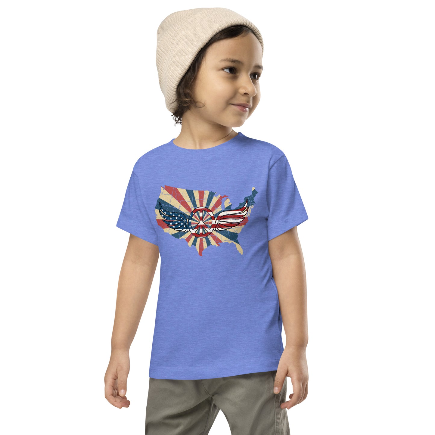 Retro American Flag Peace Sign Wings Map Kids Tee