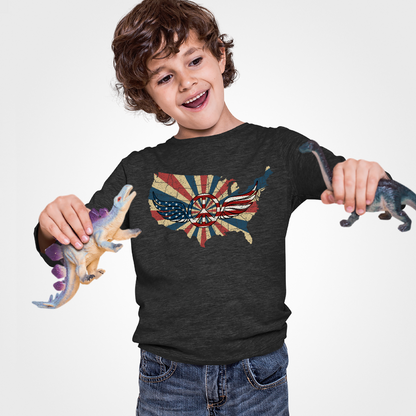 Retro American Flag Peace Sign Wings Map Kids Tee