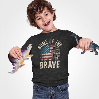 Vintage Military Patriot Home Of The Brave Kids Dark Shirt