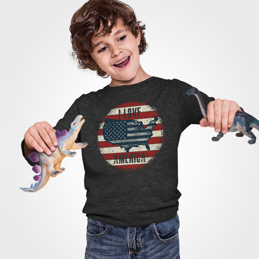 Retro Patriot I Love America USA Flag Map Kids Dark Shirt