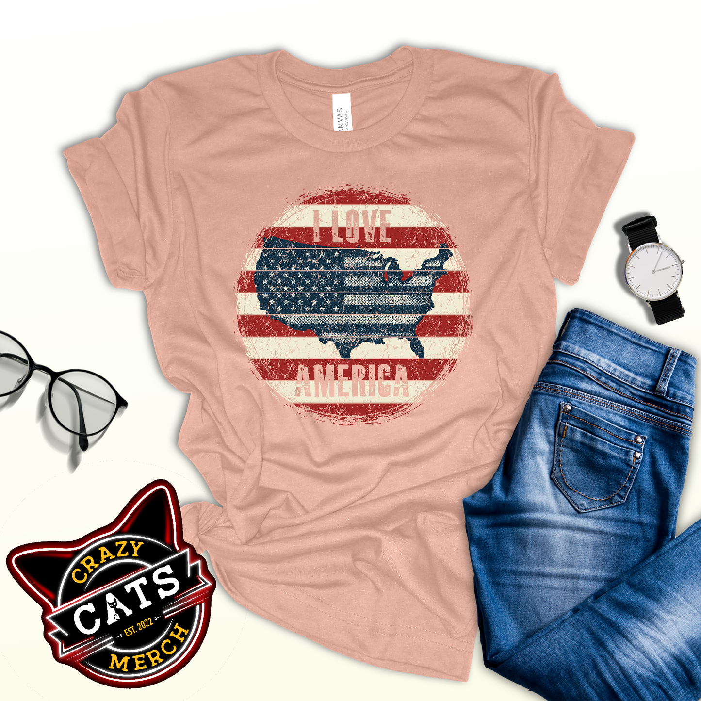 Retro Patriot I Love America USA Flag Map Unisex Light Shirt