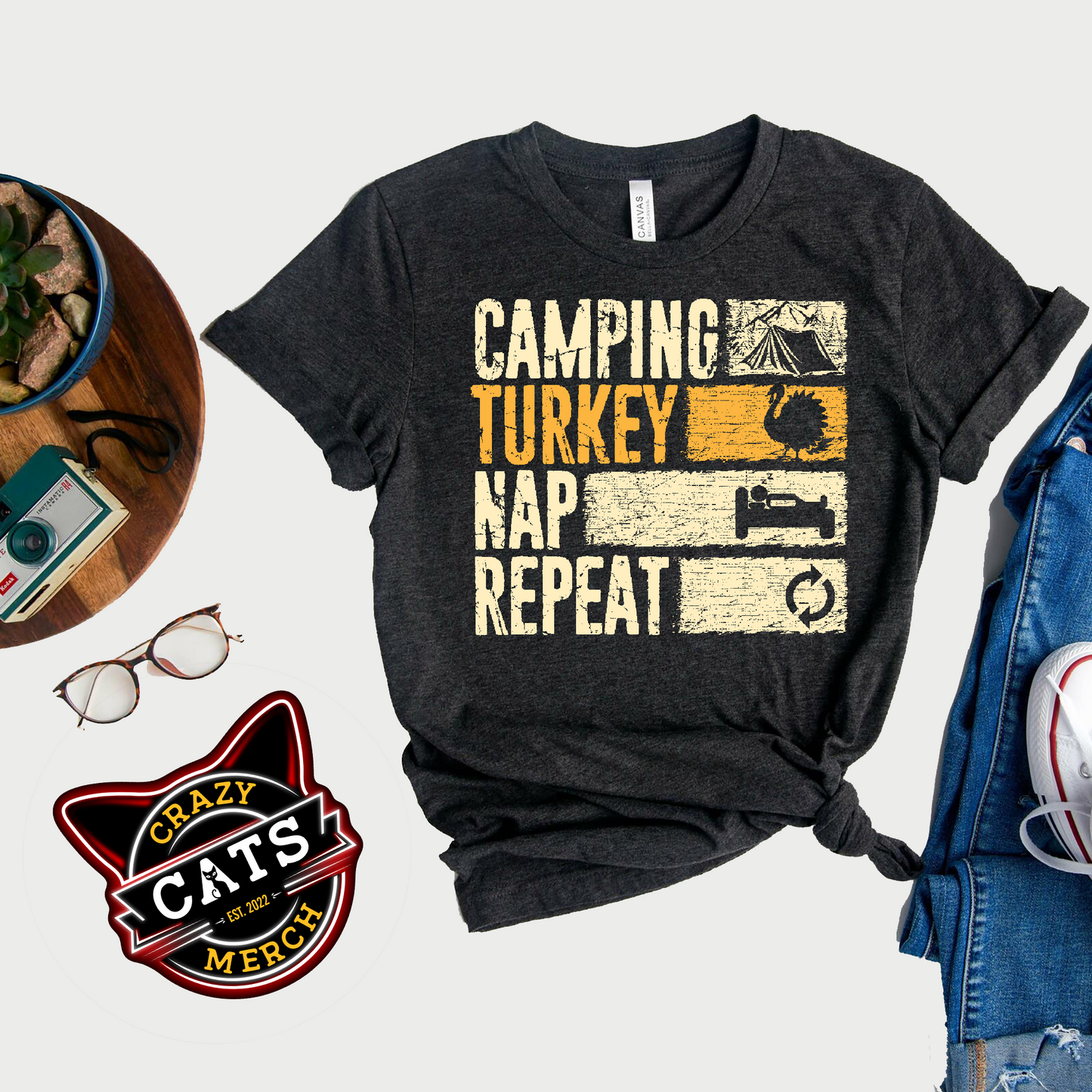 Camping Turkey Nap Repeat Funny Thanksgiving Unisex Dark Shirt