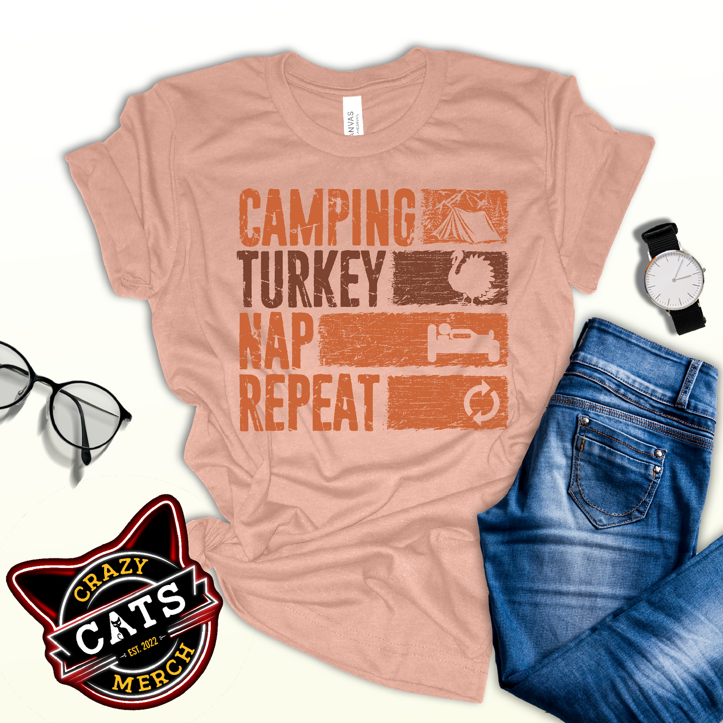 Camping Turkey Nap Repeat Funny Thanksgiving Unisex Light Shirt