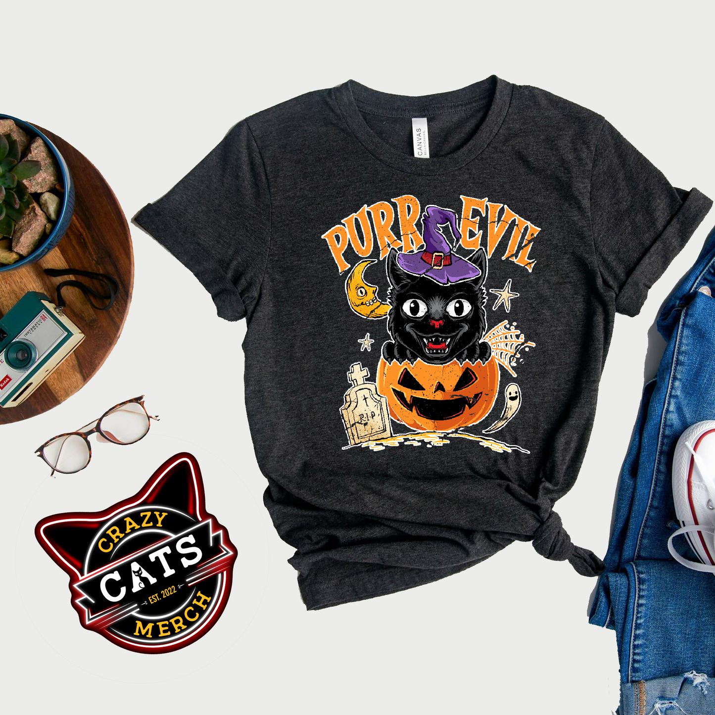 Purr Evil Black Cat Halloween Jack O Lantern Unisex Dark Shirt