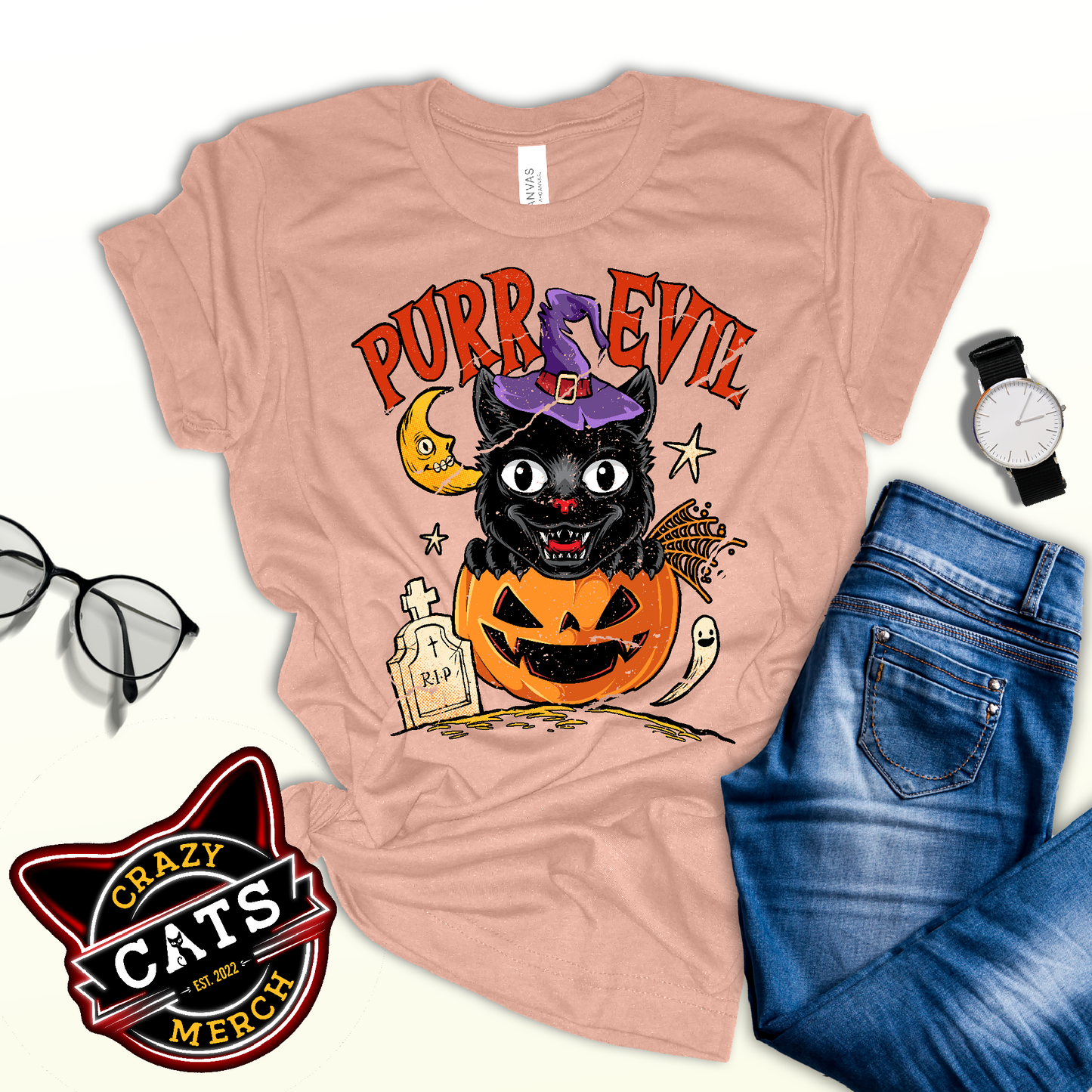 Purr Evil Black Cat Halloween Jack O Lantern Unisex Light Shirt