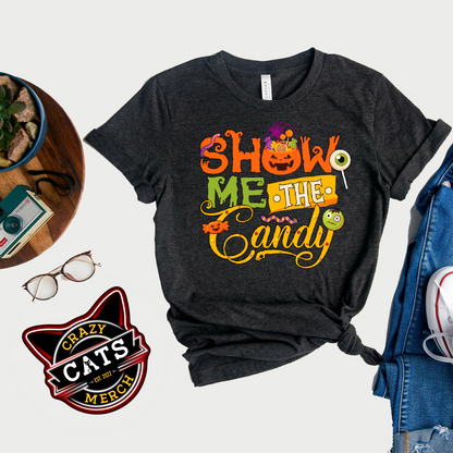 Trick or Treat Show Me The Candy Pumpking Candy Jar Unisex Dark Shirt