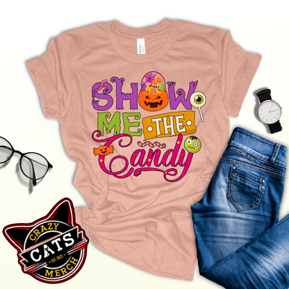 Trick or Treat Show Me The Candy Pumpking Candy Jar Unisex Light Shirt