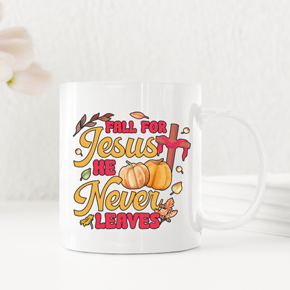 Fall For Jesus He Never Leaves Christian Thankgiving Mugs