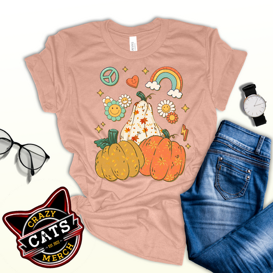 Retro Floral Pumpkin Rainbow Pumpkin Thanksgiving Unisex Light Shirt