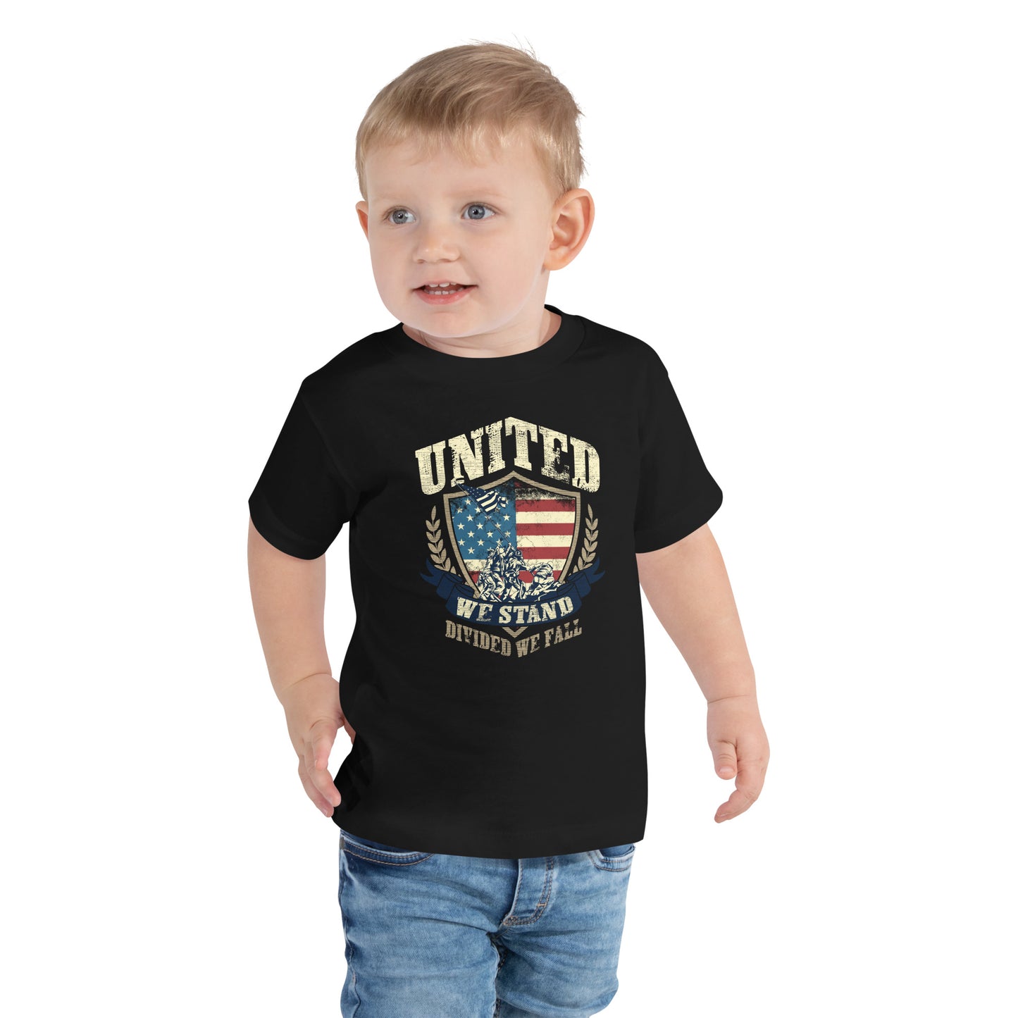 USA Flag Shield United We Stand Divided We Fall Kids Dark Shirt