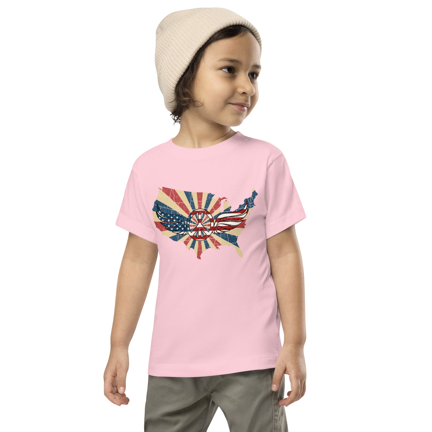 Retro American Flag Peace Sign Wings Map Light Kids Shirt