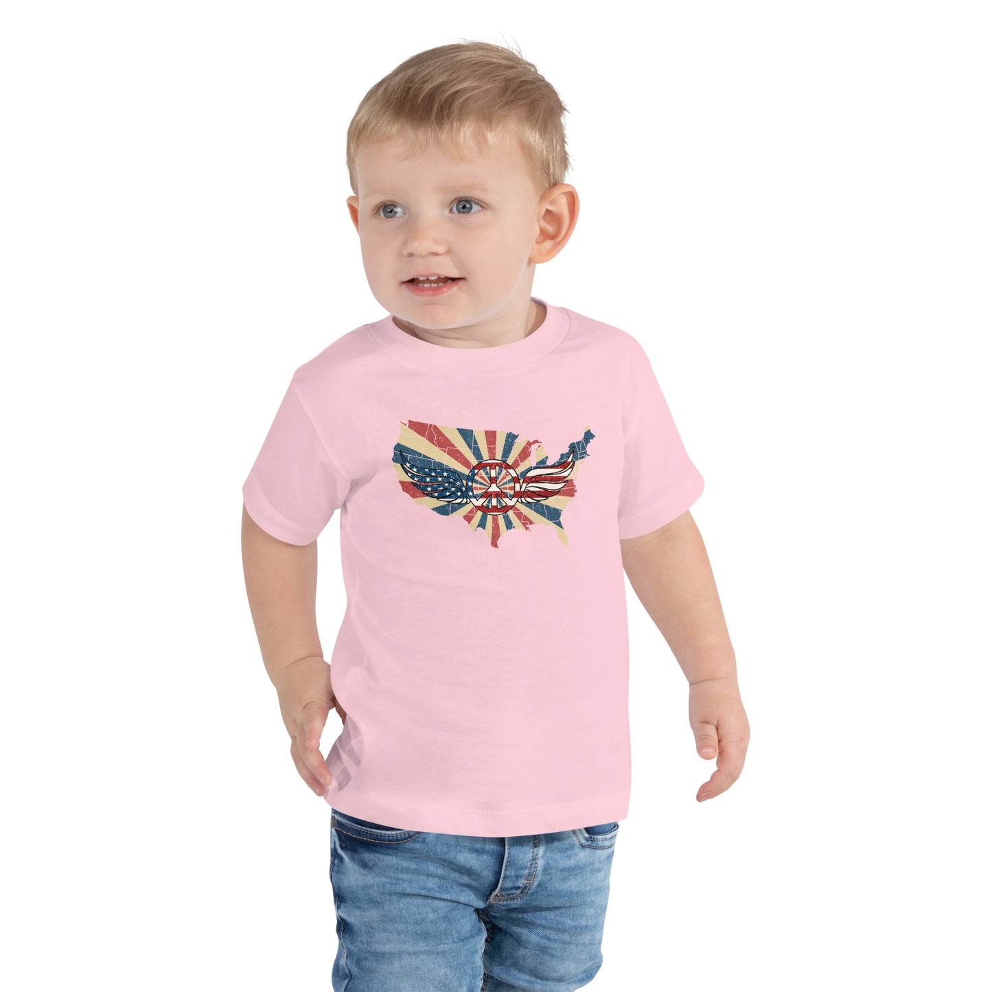 Retro American Flag Peace Sign Wings Map Light Kids Shirt