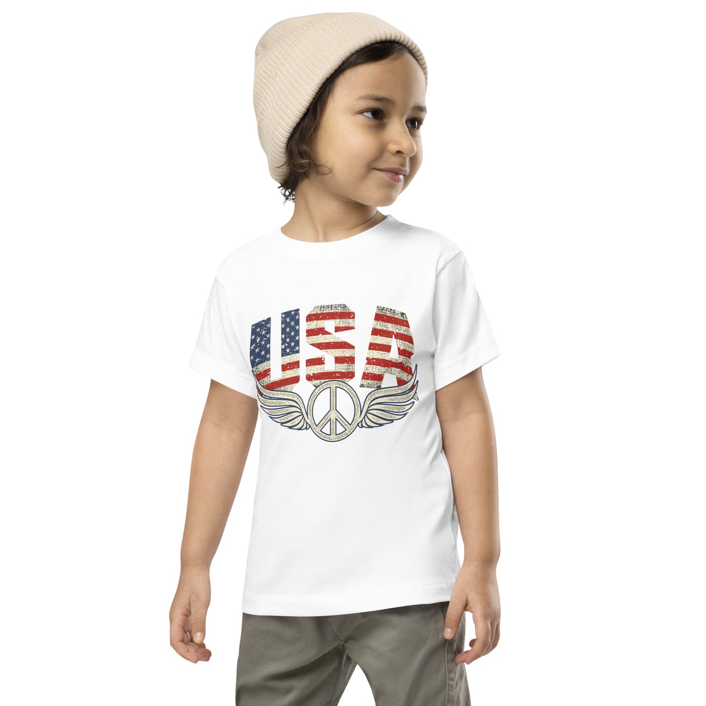 USA Flag Peace Sign Symbol Veteran Vintage Patriotic Kids Light Shirt