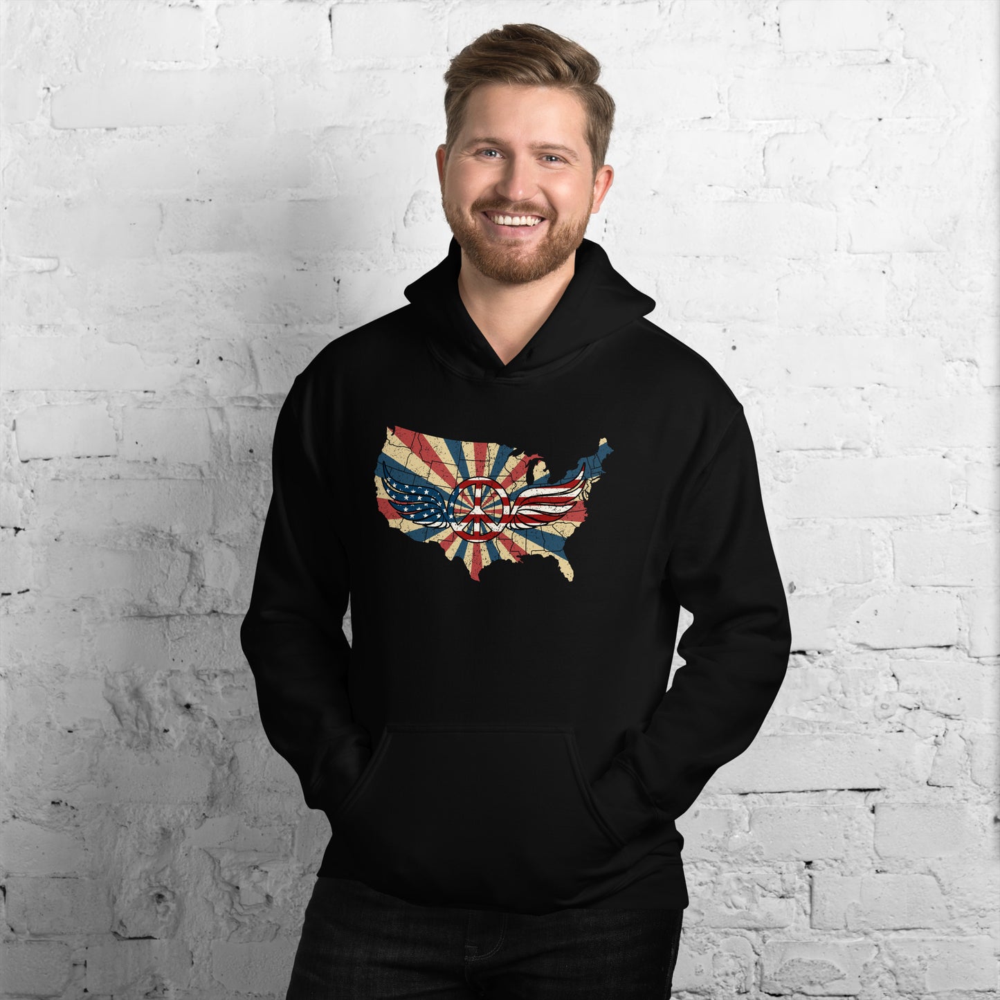 Retro American Flag Peace Sign Wings Map Unisex Dark Hoodie