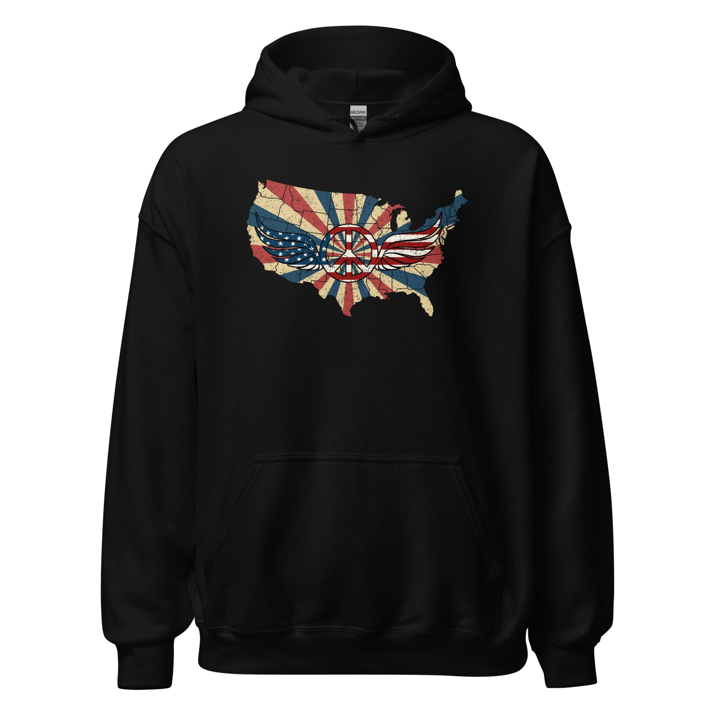 Retro American Flag Peace Sign Wings Map Unisex Dark Hoodie