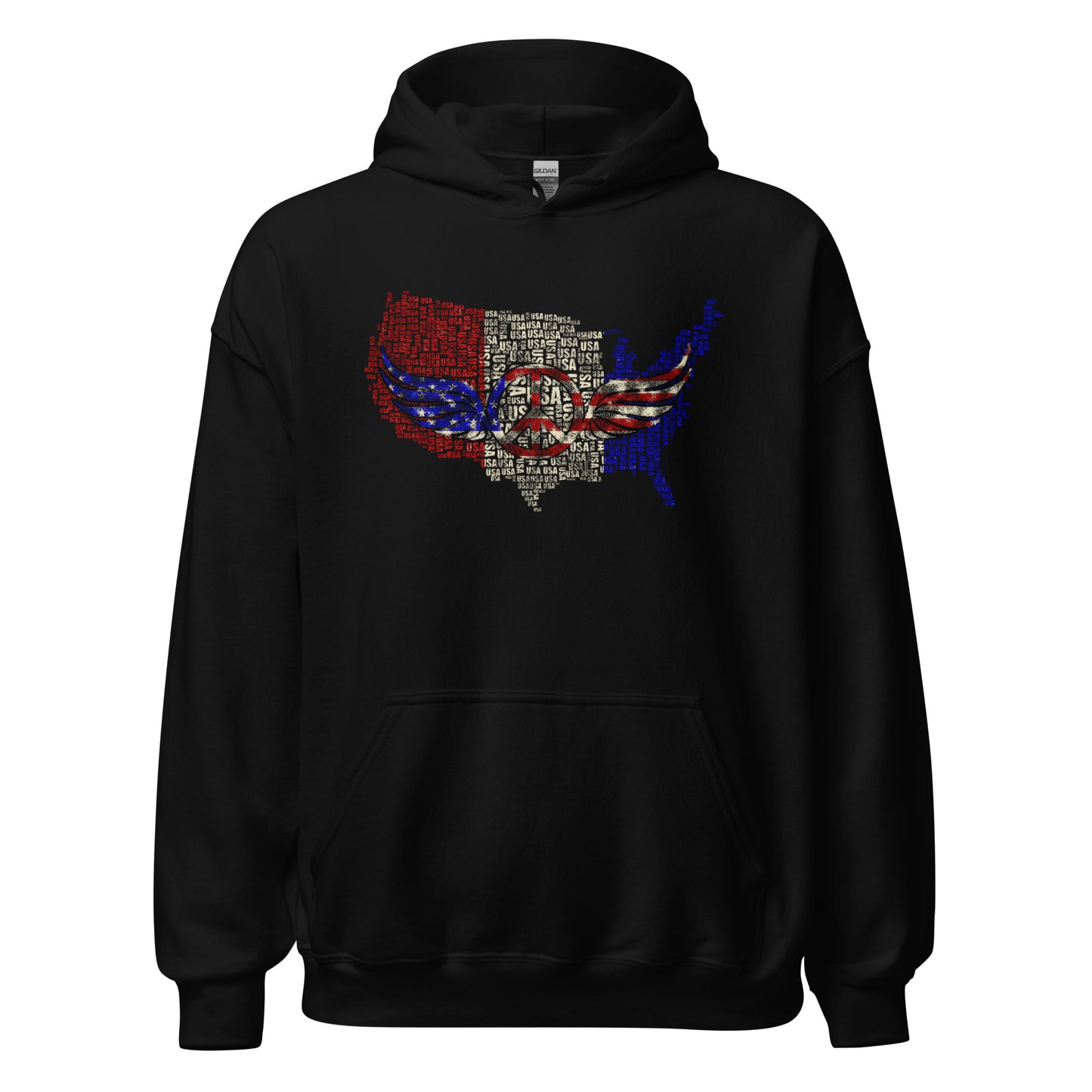 Distressed USA Map Retro Peace Symbol Unisex Dark Hoodie