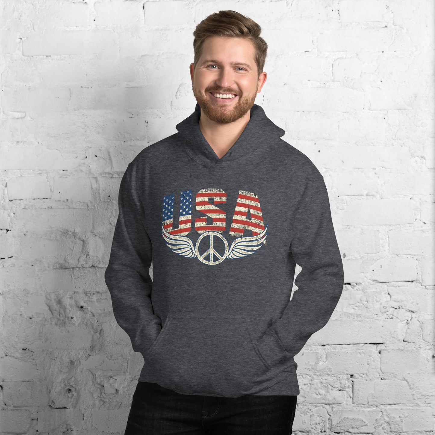 USA Flag Peace Sign Symbol Veteran Vintage Patriotic Unisex Dark Hoodie