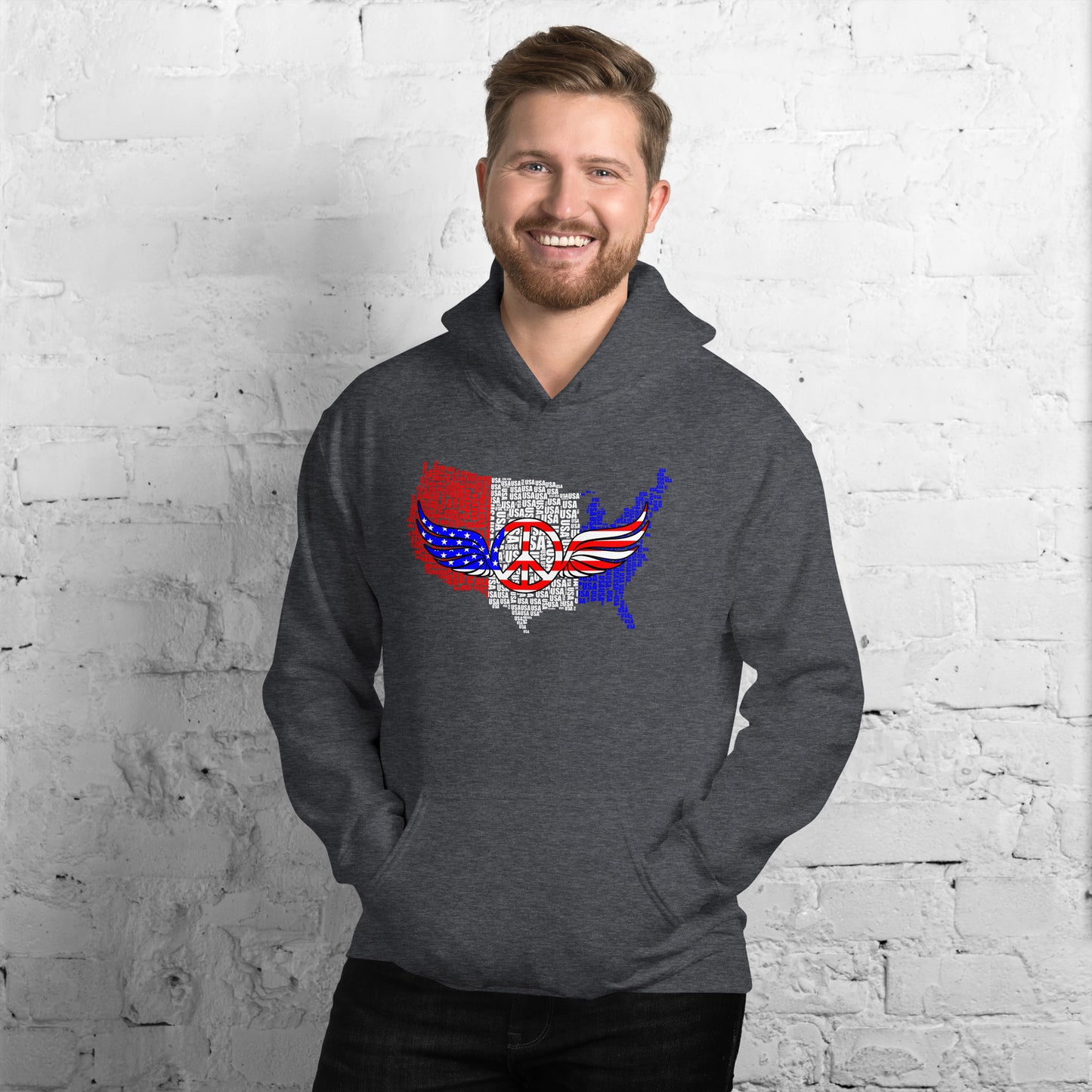 USA Map Red White Blue Patriotic Peace Sign Symbol Unisex Dark Hoodie