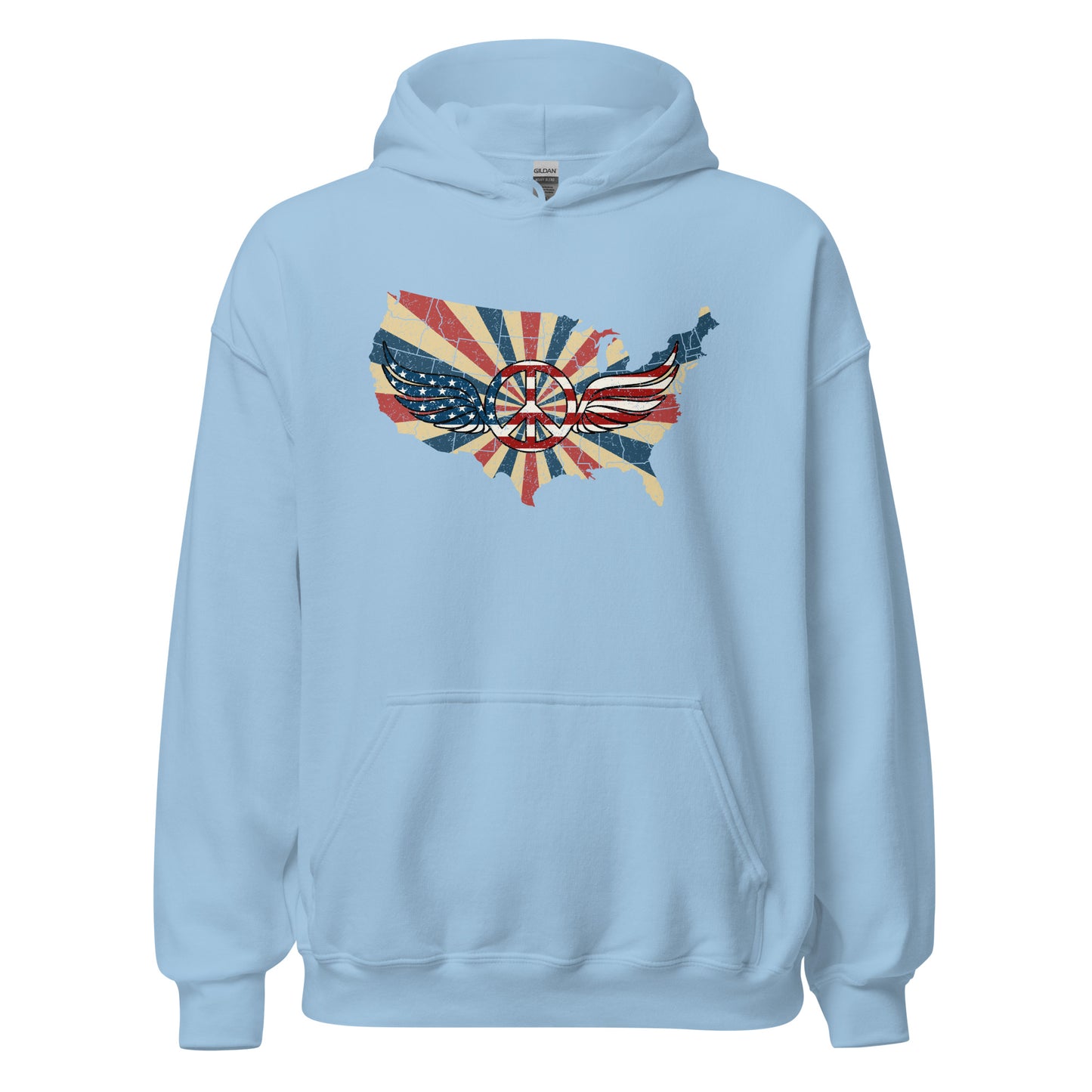 Retro American Flag Peace Sign Wings Map Unisex Light Hoodie