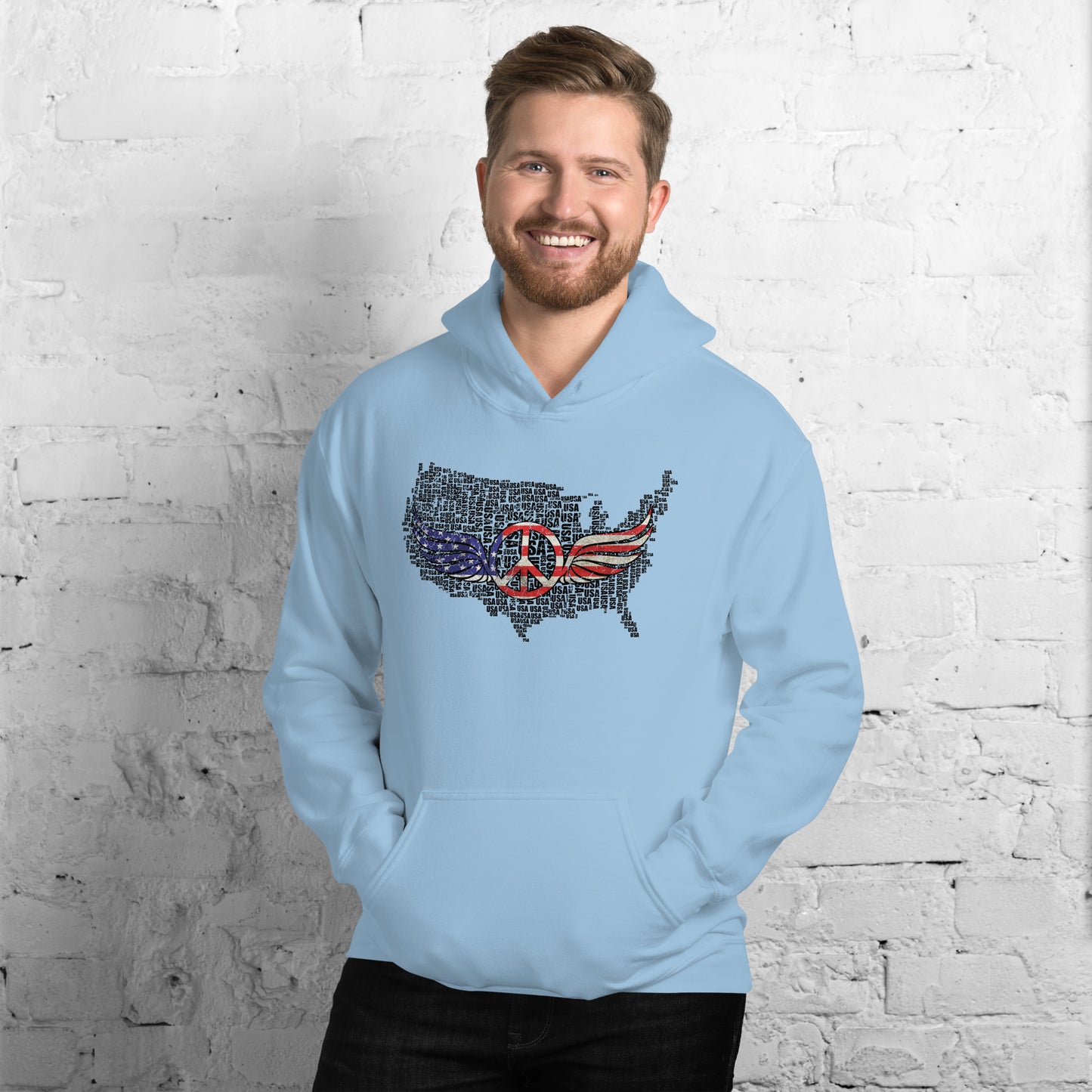 White USA Map with Peace Sign Wings For Army Wife Unisex Light Hoodie