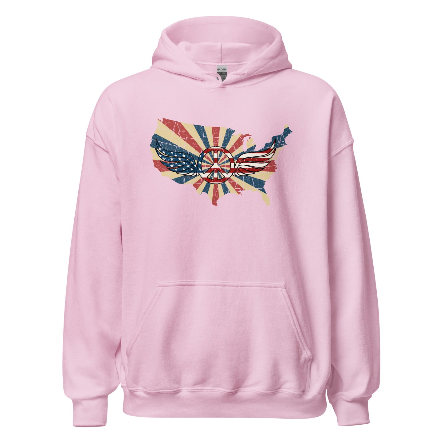 Retro American Flag Peace Sign Wings Map Unisex Light Hoodie