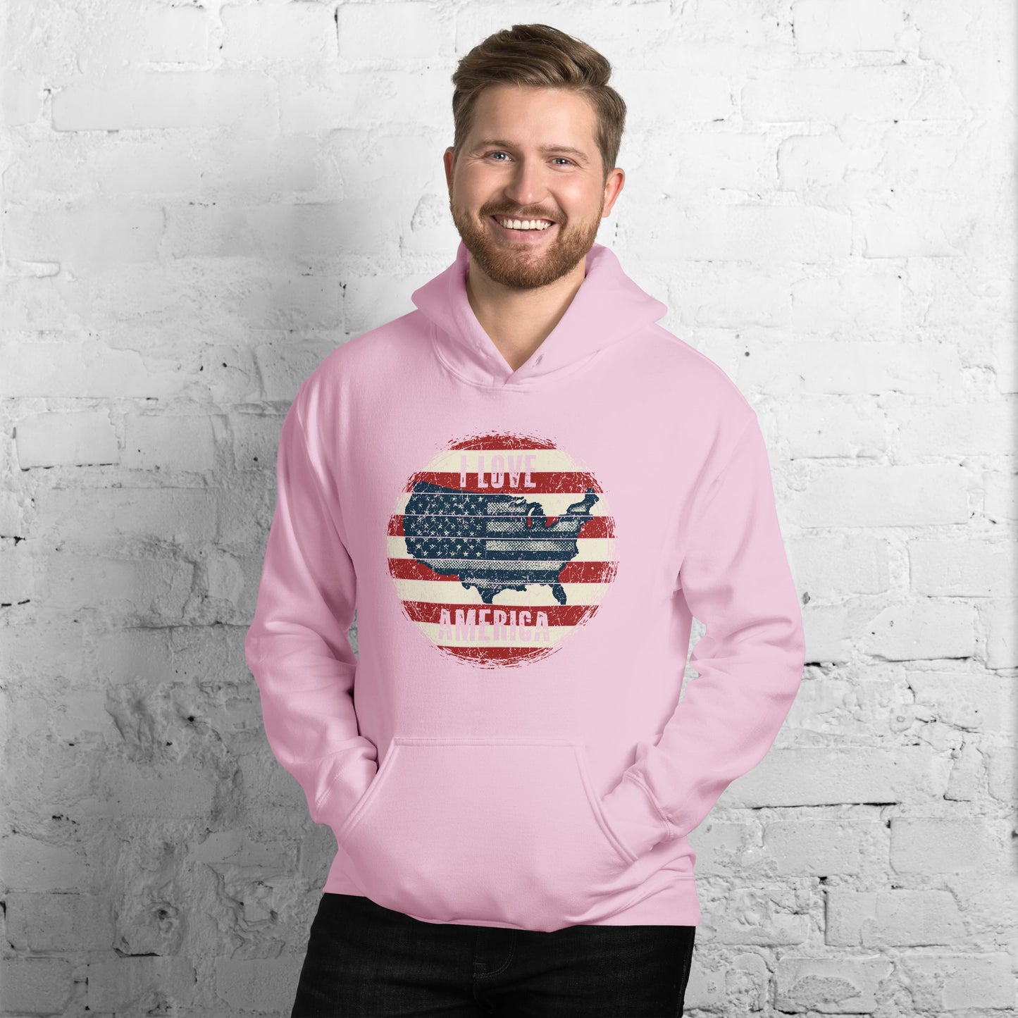 Retro Patriot I Love America USA Flag Map Unisex Light Hoodie