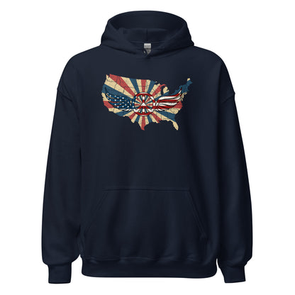 Retro American Flag Peace Sign Wings Map Unisex Dark Hoodie