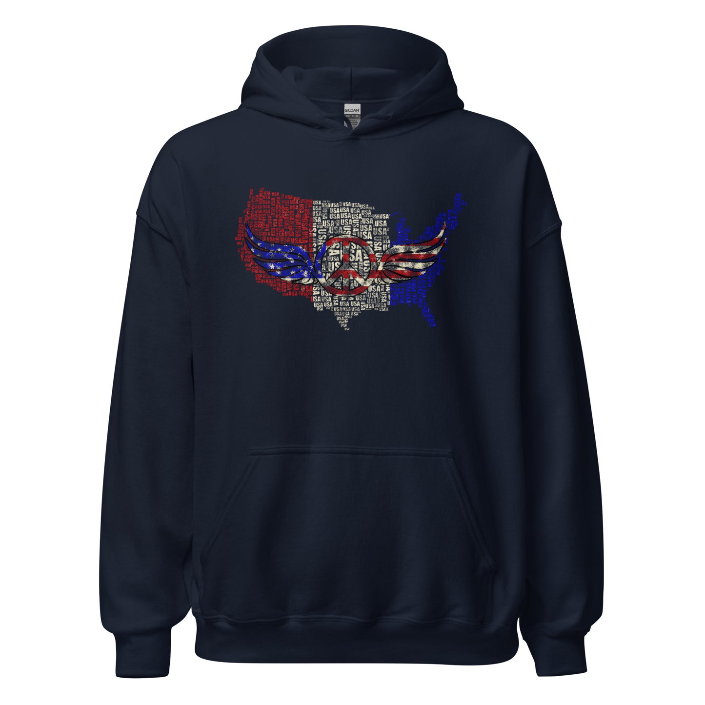 Distressed USA Map Retro Peace Symbol Unisex Dark Hoodie