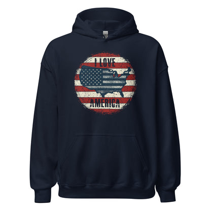 Retro Patriot I Love America USA Flag Map Unisex Dark Hoodie