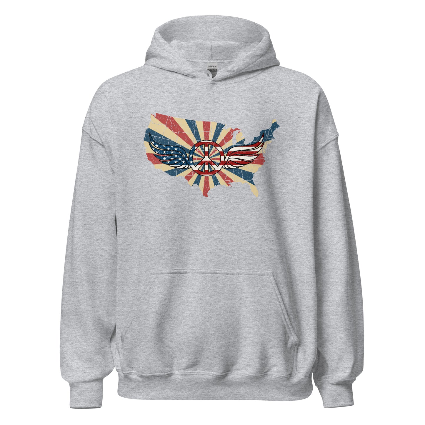 Retro American Flag Peace Sign Wings Map Unisex Light Hoodie