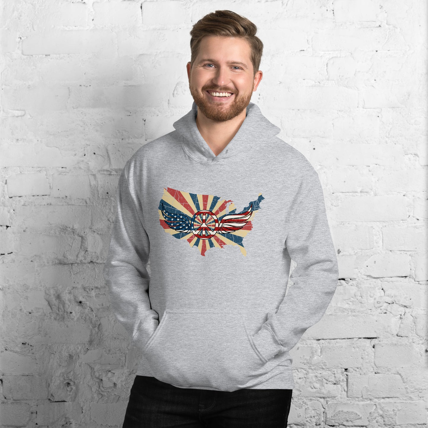 Retro American Flag Peace Sign Wings Map Unisex Light Hoodie