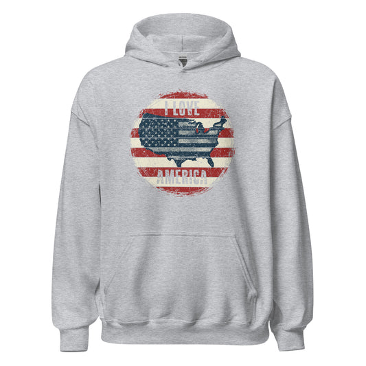 Retro Patriot I Love America USA Flag Map Unisex Light Hoodie