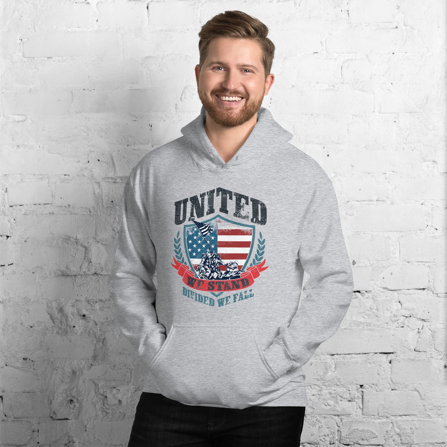 USA Flag Shield United We Stand Divided We Fall Unisex Light Hoodie