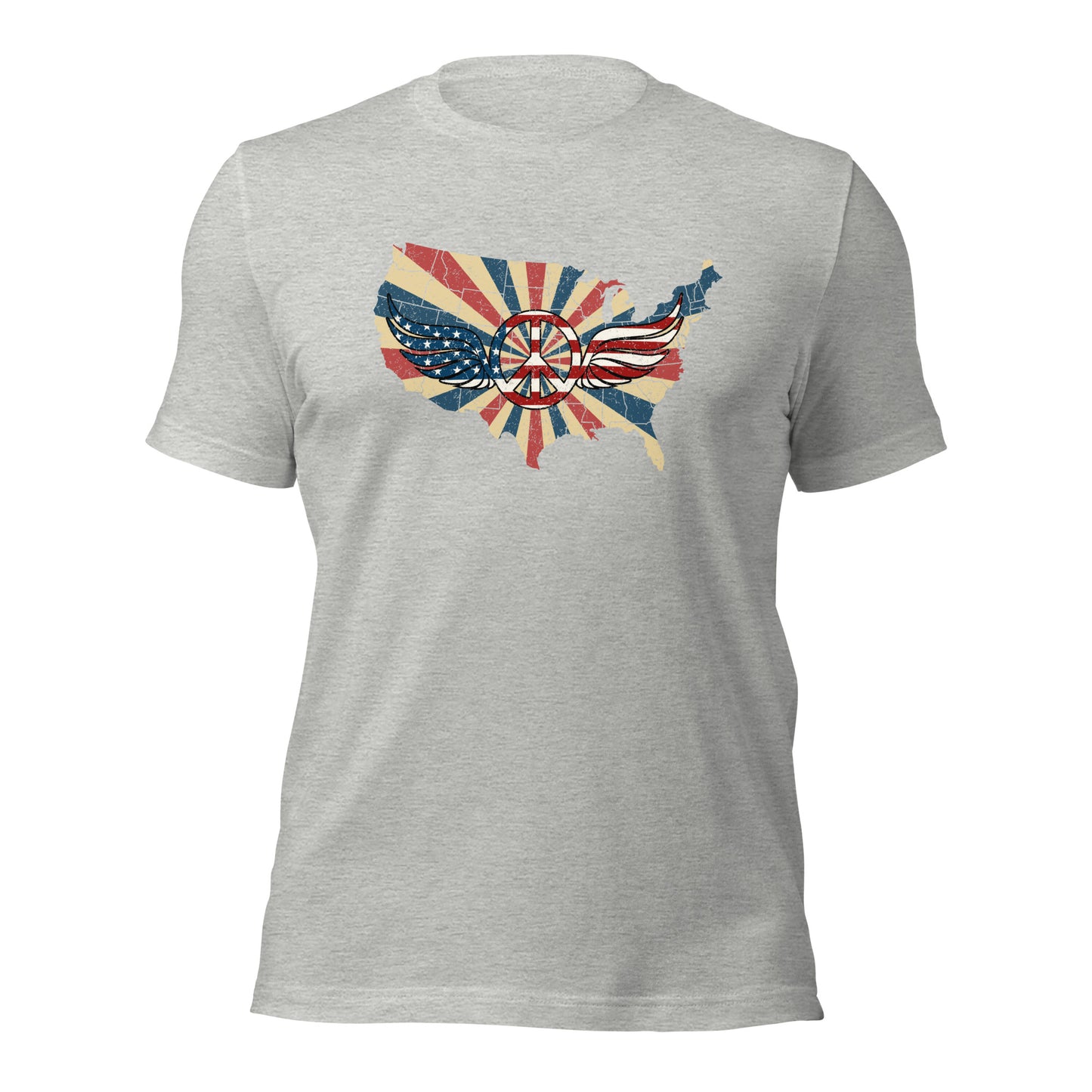 Retro American Flag Peace Sign Wings Map Unisex Light Shirt