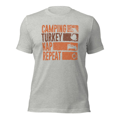 Camping Turkey Nap Repeat Funny Thanksgiving Unisex Light Shirt