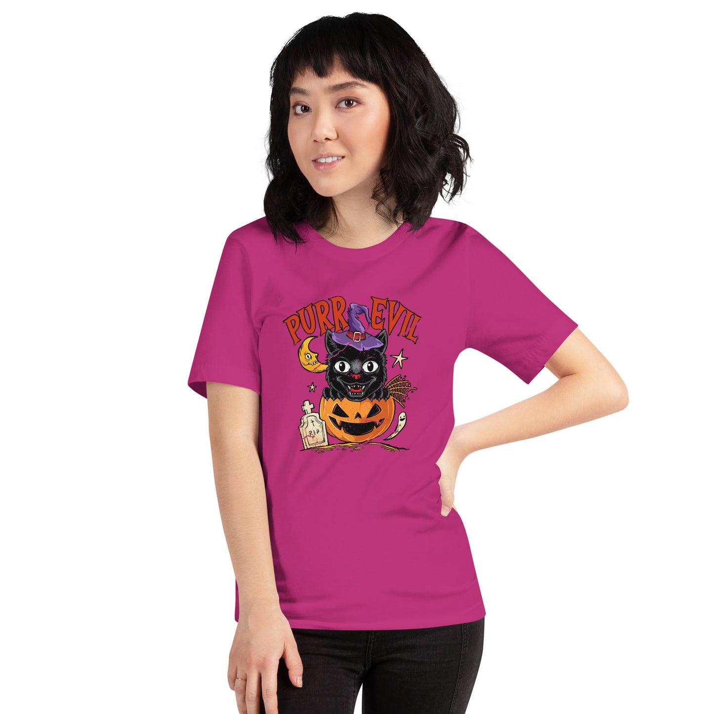 Purr Evil Black Cat Halloween Jack O Lantern Unisex Light Shirt