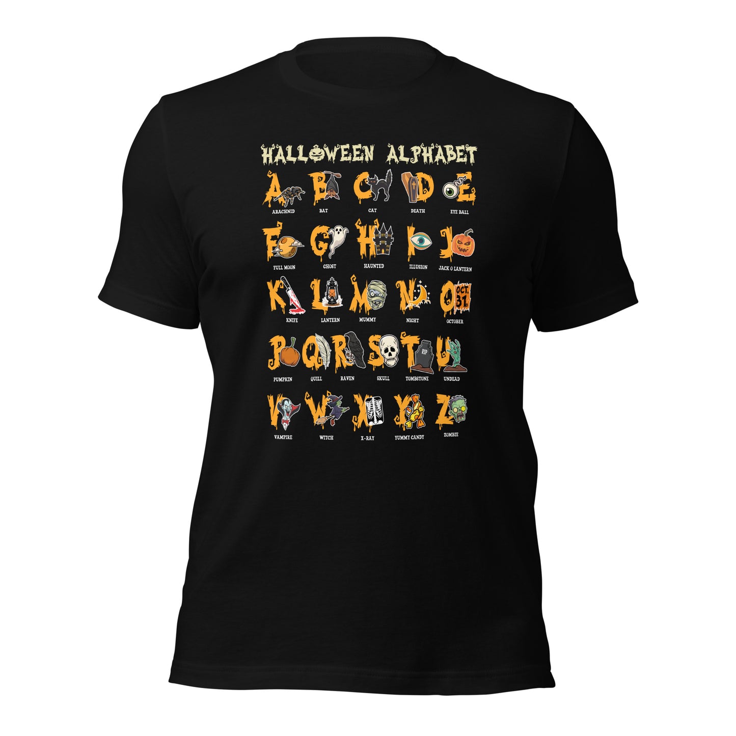 Halloween Alphabet Spooky Teacher Graphic Unisex Dark Shirt