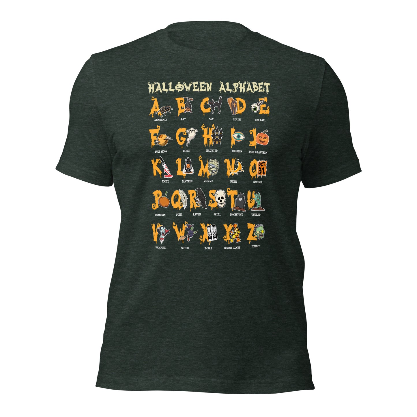 Halloween Alphabet Spooky Teacher Graphic Unisex Dark Shirt