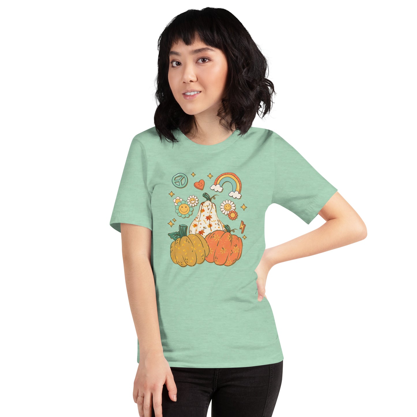 Retro Floral Pumpkin Rainbow Pumpkin Thanksgiving Unisex Light Shirt