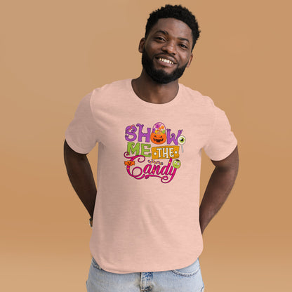 Trick or Treat Show Me The Candy Pumpking Candy Jar Unisex Light Shirt