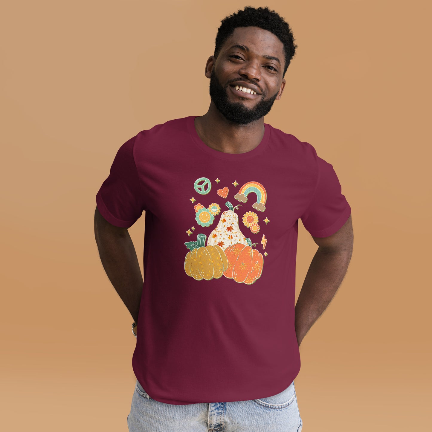 Retro Floral Pumpkin Rainbow Pumpkin Thanksgiving Unisex Dark Shirt