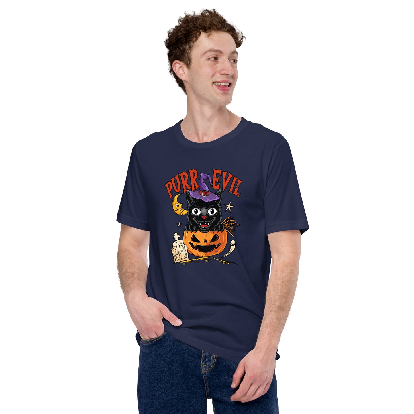 Purr Evil Black Cat Halloween Jack O Lantern Unisex Dark Shirt