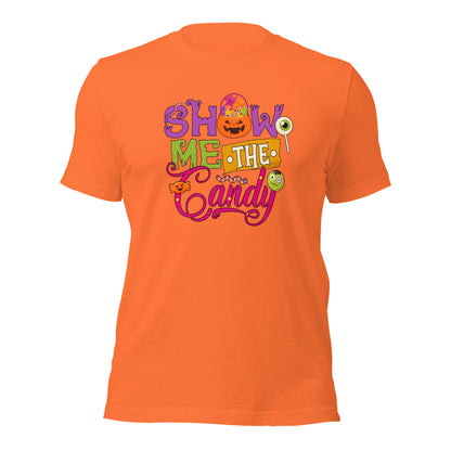 Trick or Treat Show Me The Candy Pumpking Candy Jar Unisex Light Shirt