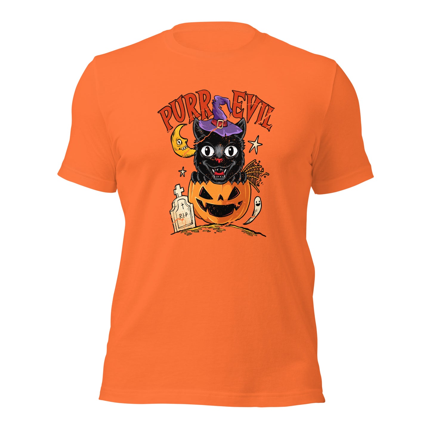 Purr Evil Black Cat Halloween Jack O Lantern Unisex Light Shirt