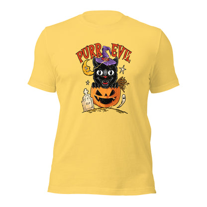 Purr Evil Black Cat Halloween Jack O Lantern Unisex Light Shirt