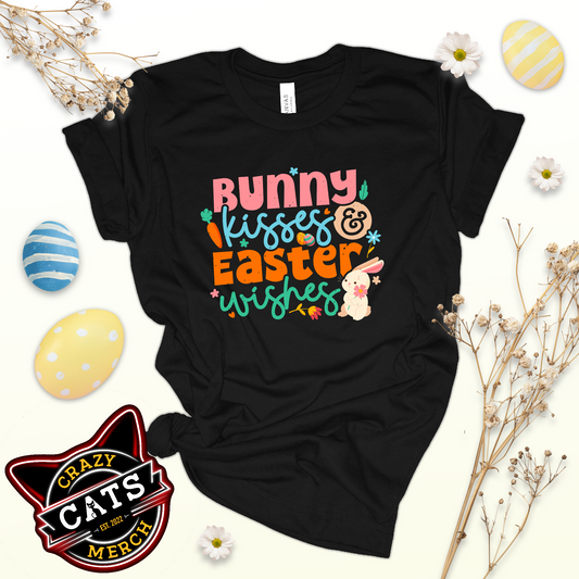 Cute Easter T-Shirt Bunny Kisses & Easter Wishes Unisex Tee Dark Shirt