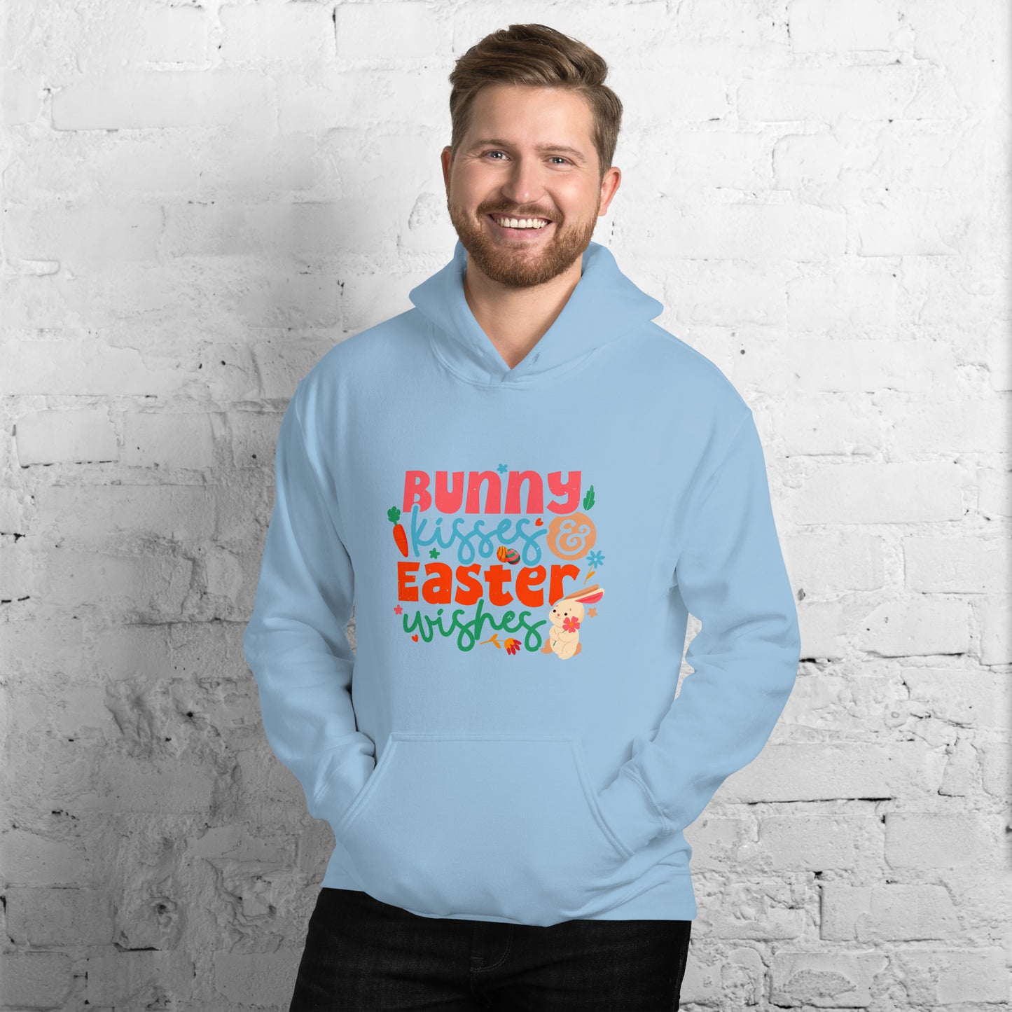 Cute Easter Hoodie Bunny Kisses & Easter Wishes Unisex Light Hoodie