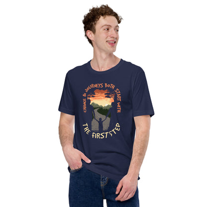 Change & Journeys Both Start With The First Step Shirt Parenting Motivational Unisex Dark Tee