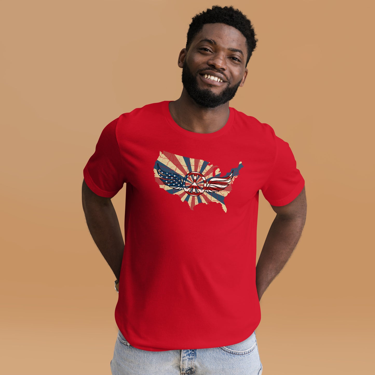 Retro American Flag Peace Sign Wings Map Unisex Dark Shirt